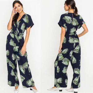 Lush Palm Leaf Tie Front V-Neck Jumpsuit
